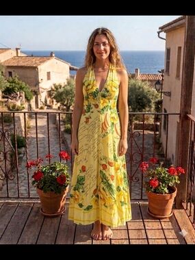 Yellow Floral Halter Maxi Dress - Women